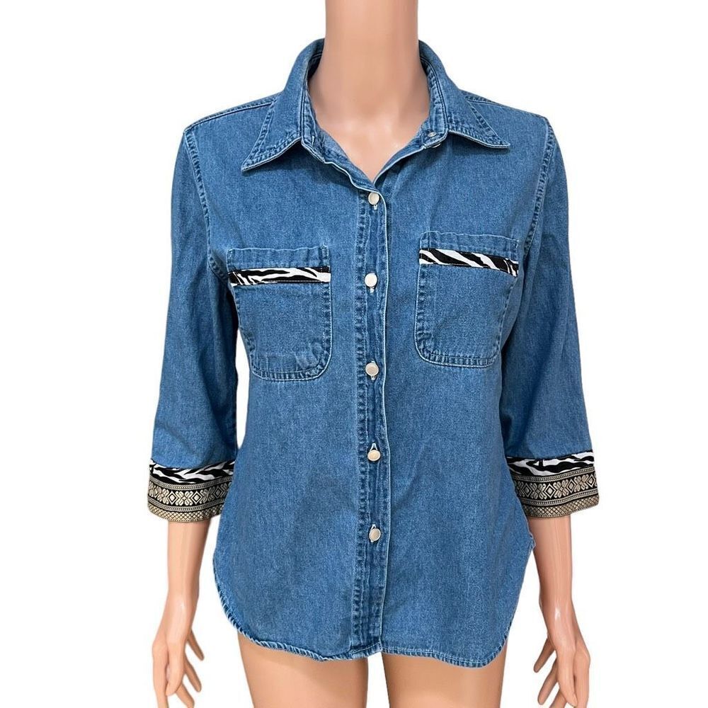 Dressbarn vintage  Shirt Medium Denim Zebra Trim 3/4 Accented Sleeve Top